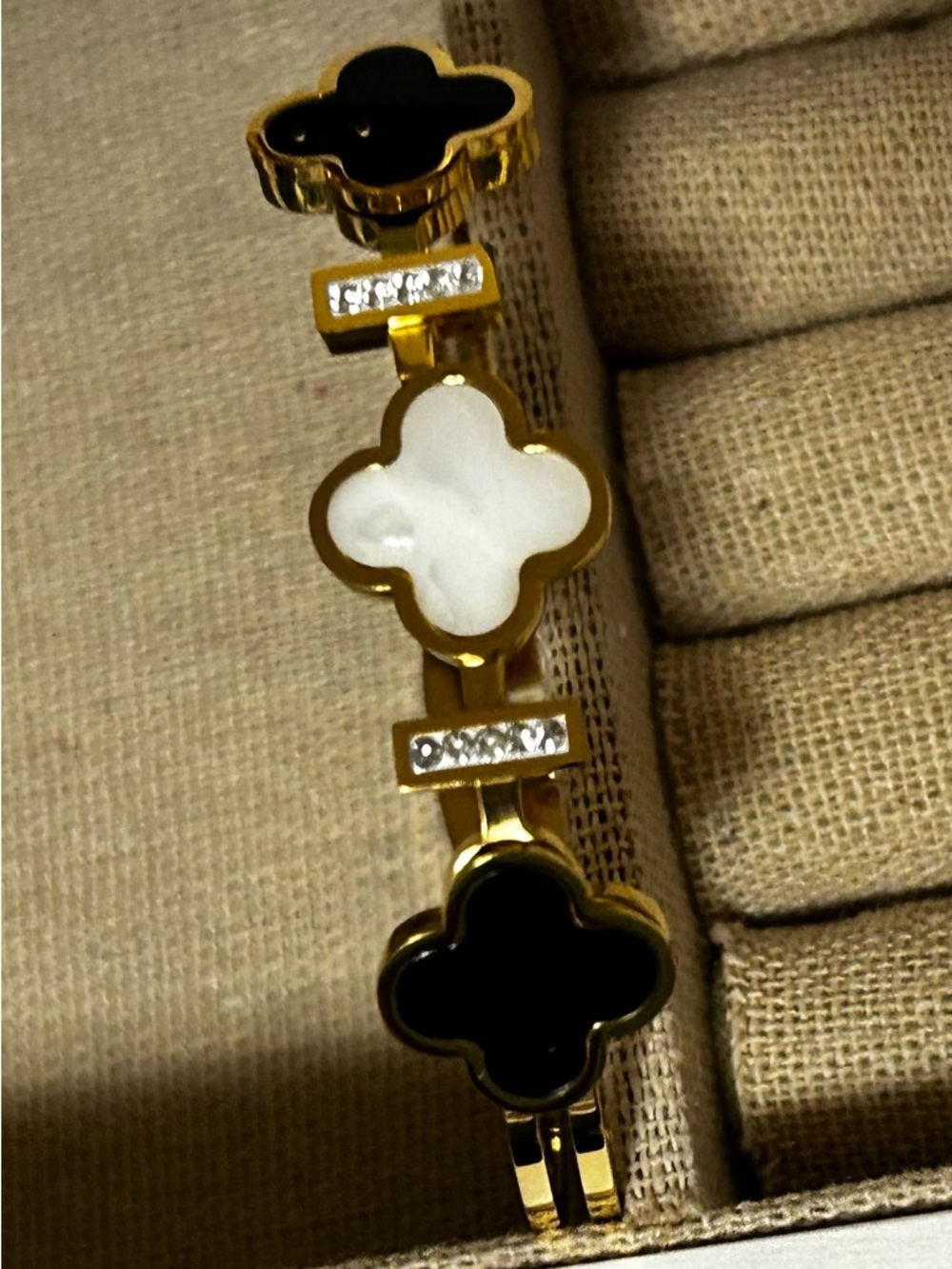 Gold-Tone Clover Link Bracelet with Black and White Inlays - Picture 2 of 7